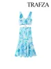 Trafza Floral Imprimé Blue Vestskirt Two-Piece Set pour les femmes 2024 STRAP CRARDÉ SUMBRE SLIM HIGH TAIN