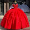 Perle glitter rosse perline per perline da ballo in cristallo vestiti da quinceanera dal corsetto a prua spalla Vestidos de 15 anos