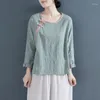 Женские блузки осень китайский стиль o шее рубашка с длинным рукавом женщин винтажные элегантные наклонные пуговицы.