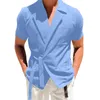 MenS Solid Color Cotton Linen Suit With Lapel And Tie Up Short Sleeved Shirt Men 'S Clothing 2024 Fashionable And Simple240416