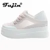 Sapatos casuais Fujin 8cm malha de ar vaca genuína plataforma de couro cunha grossa tênis sneaky hollow women mulheres respiráveis vulcanizar salto escondido