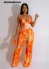 Women's Two Piece Pants Summer Fashion Tie Dye Printing Two Piece Set Women Sexy Strap Top Tassel Pants Two Piece Set Women Y240426