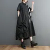 Robes de fête Shirt imprimé vintage noir pour femmes manches courtes plis décontractés lâches longues robes d'été modes élégants vêtements 2024