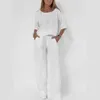 Kvinnors tvåbitar byxor Summer Fashion Cotton och Hemp Two Piece Set Women Casual Solid Round Neck Tshirt Wide Ben Pants Loose Two Piece Set Women Y240426