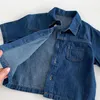 Kläder sätter barnkläder set denim flickor kläder kostym denim skjorta och shorts 2 st pojkar denim set ldren outfit h240509