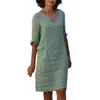 Bomull och linne kort ärm Semi Semi Casual Womens V Neck Mini Dress Solid Color Womens Dress Clothes for Women 240415