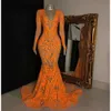 Sparkling prom oranje pailletten mermaid jurken African Lace V nek lange mouwen avondjurken vegen de trein formele feestjurk