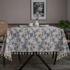 Tabela de mesa Novo estilo chinês Retro azul branco linho de algodão de algodão Tabela de mesa retangular Talha de tassel 240426