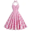 Robes décontractées de base Hepburn Style Ingrid Pink Plaid High Waistband avec un cou mince et une grande robe à mi-longueur swing Cotton D Dhmb5