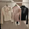 Women's Sweaters Kuzuwata Sweet Soild Slim Fit Sling Sets Vest Half-high Collar Long Sleeve Knit Backless Tops Japan Lace Up Elegant Moda