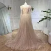 Sukienki imprezowe Serene Hill Luxury Dubai linia niebieskie rękawy z peleryny pióra z koralikami suknie wieczorowe 2024 For Women Wedding La72236