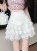 スカートhouzhou kawaii laceミニスカート女性サマーハイウエストかわいい弓フリュールパッチワークプリーツAライン層ロリータホワイトブラック