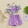 Kläduppsättningar Småbarn Girls Clothes Summer Outfits Butterfly Print Bowknot Off Shoulder Short Sleeve Tops Shorts 2ms Set