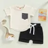 Kleidungsstücke Säuglinge Sommerkleidung Baby Jungen Mädchen 2pcs Anzug Streifen Druck Kurzarm T-Shirt Stretch Shorts Kleinkind Oberbekleidung