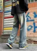 Herren Jeans 2024 New Street Herren Casual Straight Jeans Koreaner Modegürtel Retro Blue Wide Leg Jeansl2404