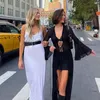 Summer Black Sheer Mesh Beach Dress Women Elegant Sexy Lace-Up Cardigan Slim Maxi Dress Long Sleeve Holidays Party Dresses 240412