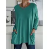 Solid Color Vintage Pocket Oversized Tshirt Female Clothing Fashion Autumn Tunics Basic Y2k Top Women Long Sleeve T Shirt 240422