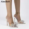 Chaussures habillées aneikeh femmes transparent pvc arc scintillant raminestone mince talons hauts sexy pompes de mariage pointues 2024 été