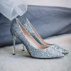 Glänsande glitter silver höga klackar skor för kvinnliga pumpar klackar 2024 Ny mode brud bröllopssko glänsande paljett pump modeparty sexig högklackade kvinnors skor pumpar