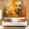 Oljemålning av Buddha med lotus nyanser av gul orange och guld fredligt buddha ansikte i målning, tryck affisch, väggkonst bild vardagsrum dekor oramad