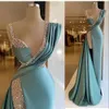 Lace Mint Sexy Turquoise Prom Robes de bal Deep V Illusion Crystal Perles de cristal Sigle Split Floor Longueur Satin Sirène Sermiraine Robes de soirée