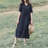 Womens Fashion Casual Solid Color V Neck Short Sleeve Lace Up Cotton And Linen Dress
