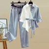 Summer Stitched Chiffon Long Sleeve Shirt Kvinnlig byxa Set Elegant Womens Jeans Casual Ladies Blus Two Piece 240423