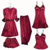 Атласная кружевная пижама, набор женских брюшных брюк, костюм для сна весенняя осень пижама, домашняя ночная одежда, платье для халата m-xxl 240415