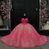 Розовый красный блеск Quinceanera Платье с плечевого шарикового платья кружев