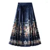 Skirts Chinese Vintage Printed One-Piece Wrap A-line Maxi Long Pleated Satin