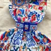 Casual Dresses Summer Blue and White Porslin Tank Dress Women's Lapel Sleeveless Single Breasted Floral Print Belt Beach Party Vestido