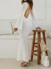 Casual Dresses Women Sexy Backless Lace Up Knitted Maxi Dress Fashion O-neck Flare Long Sleeve Hollow Out Lady Chic Slim Beach Robe