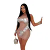 Nouveau designer sexy en maille mini robe femme sans manches diamants robes d'été voir à travers la robe transparente et les sous-vêtements de clubs de clubs de vente en gros 11015