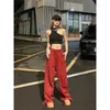 Jeans femininos 2024 Mulheres Vintage Red High Street Cargo Pants Cintura Torde de rua casual de rua larga Leggy Denim Trouser Ladies Sum