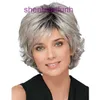 White womens anti curling wig headband short curly hair black gradient silver gray