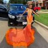 Dresses Mermaid Orange Feathers Prom For Black Girls Halter Lace Appliques Backless Evening Birthday Party Dress Long African 0216