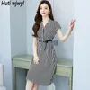 Robes de fête 2024 Black Striped Mariffon Chic Robe Midi Robe Summer Summer Souche élégante Bureau Lady Shirt Femmes coréen Bodycon Casaul