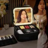 Bins PU Leather Cosmetic Bag Dimmable with Mirror LED Light Makeup Brush Storage Box Multifunctional Large Capacity for Female Travel