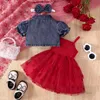 Baby clothing sets toddler kids Bows princess outfits infant girls love heart lace tulle suspender dress with lapel puff sleeve outwear 2pcs Z7900