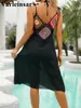 Sexy Splicing Hollow Out Crochet Knitted Tunic Beach Cover Up Cover-ups Dress Wear Beachwear Female V3922