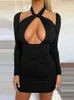 Lässige Kleider Celmia Frauen sexy hohle Brust Mini Kleid verdrehte Halfter Sundress Seite plissierte Langarm Bodycon Short Vestido Party Club