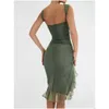 Basis Casual jurken Nieuwe elegante gaas ruches bodycon midi jurk mode ruches split feestkleding lente zomer 2023 vrouwen drop del dhbn9