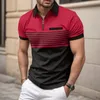 MENS SOMMER KORT SLAED LAPEL 3D Digital tryckt randig poloskjorta med falskt fickspänne Mens Business Casual Zipper Top 240417
