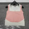 Womens Panelled Knits Tanks Vest Tops Embroidery Letter Square Collar Sleeveless Camis Yoga Tees