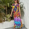 Casual Dresses Graffiti Words Dress Colorful Print Kawaii Maxi V Neck Custom Boho Beach Long Big Size Vestido