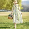 Parti Elbiseleri Johnature Kadınlar Vintage Bandage Elbise Dönüş Yatak Yarım Kollu Baskı Çiçeği 2024 Yaz Düğmesi A-Line Ramie