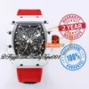 BBR 35-01 RMUL3 MEKANISK HAND-Winding Mens Watch White Ntpt Carbon Fiber Case Skeleton Dial Red Flätad nylonband Super Edition Sport TrustyTime001 Handsur