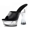 Slippers 6 Inches Super High Stripper Heeled Shoes Concise Black Patent Leather Crystal Thick Platform 14CM Women's Pole Dance