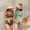 2021 simple split high waist swimsuit women Korean version of solid color retro vintage slimming belly-covering swimsuit women