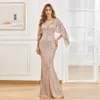 Runway Dresses Yidingzs Elegant Gold Sequin Evening Dress Angel Wings Mermaid V Neck Party Maxi Dress Long Prom Dress Y240426